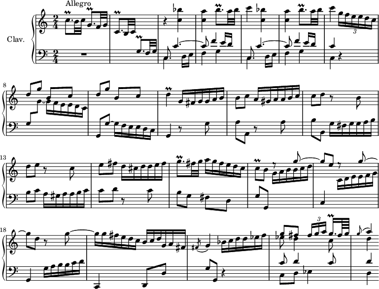 
\version "2.18.2"
\header {
  tagline = ##f
  % composer = "Domenico Scarlatti"
  % opus = "K. 250"
  % meter = "Allegro"
}

%% les petites notes
trillBqpUp     = { \tag #'print { b'8.\prall } \tag #'midi { \times 2/3 { c32 b c } b8 } }
trillCqp       = { \tag #'print { c8.\prall } \tag #'midi { \times 2/3 { d32 c d } c8 } }
trillCqpDown   = { \tag #'print { c,8.\prall } \tag #'midi { \times 2/3 { d32 c d } c8 } }
trillGqp       = { \tag #'print { g8.\prall } \tag #'midi { \times 2/3 { a32 g a } g8 } }
trillCq        = { \tag #'print { c8\prall } \tag #'midi { d32 c d c~ } }
trillD         = { \tag #'print { d4\prall } \tag #'midi { e32 d e d~ d8 } }
trillGqqqp     = { \tag #'print { g16.\prall } \tag #'midi { \times 2/3 { g32 a g } g16~ } }
appoA          = { \tag #'print { \appoggiatura g8 a4 } \tag #'midi { g8 a8 } }

upper = \relative c'' {
  \clef treble 
  \key c \major
  \time 2/4
  \tempo 4 = 86
  \set Staff.midiInstrument = #"harpsichord"
  \override TupletBracket.bracket-visibility = ##f % 

      s8*0^\markup{Allegro}
      \trillCqp b32 c \trillGqp f32 g \trillCqpDown b32 c \stemUp \change Staff = "lower" \trillGqp f32 g \stemNeutral \change Staff = "upper" | r4 \repeat unfold 2 { < c' bes' >4 | < c a' > \trillBqpUp a32 b | c4 }
      % ms. 7 suite
      \times 2/3 { g16[ f e e d c] } | \stemUp \repeat unfold 2 { d8 g b, c } | \stemNeutral \omit TupletNumber \trillD \times 2/3 { g,16[ fis g g a b] } |
      % ms. 11
      b8 c \times 2/3 { a16[ gis a a b c] } | c8 d r8 b8 | d e r8 c8 | e fis \times 2/3 { d16[ cis d d e fis] } |
      % ms. 15
      \trillGqp fis32 g \times 2/3 { a16[ g fis e d c] }   |   \trillCq b8 e8\rest \stemUp g8^~ g e e8\rest g8^~ | \stemNeutral g d r8 g8~ |
      % ms. 19
      \times 2/3 { g16[ g fis e d c] }  \times 2/3 { b16[ c d g, a fis] }   |   \acciaccatura fis8 g4  \times 2/3 { bes16[ c d d ees f] } | << { g8 fis \times 2/3 { fis16[ g a] } \trillGqqqp fis64 g | \appoA } \\ { ees8 d4 c8 | d4 } >>

}

lower = \relative c' {
  \clef bass
  \key c \major
  \time 2/4
  \set Staff.midiInstrument = #"harpsichord"
  \override TupletBracket.bracket-visibility = ##f
  \omit TupletNumber 

    % **************************************
      R2 | s2 | \repeat unfold 2 { << { c,8 c'4.~ | c8 f4 e16 d } \\ { \mergeDifferentlyDottedOn c,4. d16 e  | f4 g } >> } << { c4 } \\ {   \tempo 4 = 60 c,4 } >>   \tempo 4 = 86 r4 |
      % ms. 8
      g'8 \stemDown \change Staff = "upper" g'_~ \times 2/3 { g16[ f e e d c] } | \stemNeutral \change Staff = "lower" g,8 g'~ \times 2/3 { g16[ f e e d c] } | g4 r8 g'8 |
      % ms. 11
      a8 a, r8 a'8 | b b, \times 2/3 { g'16[ fis g g a b] } | b8 c \times 2/3 { a16[ gis a a b c] } | c8 d r8 c8 |
      % ms. 15
      b8 g fis d | g g, \stemDown \change Staff = "upper" \times 2/3 { g''16[ a b b c d] } | \stemUp \change Staff = "lower"  c,,4 \stemDown \change Staff = "upper" \times 2/3 { c'16[ d e e f g] } | \stemUp \change Staff = "lower"  g,,4  \stemDown  \times 2/3 { g'16[ a b b c d] } \stemNeutral |
      % ms. 19
      c,,4 d8 d' | g g, r4 | << { c'8 d4 c8 | d4 } \\ { c,8 d ees4 | d } >>

}

thePianoStaff = \new PianoStaff <<
    \set PianoStaff.instrumentName = #"Clav."
    \new Staff = "upper" \upper
    \new Staff = "lower" \lower
  >>

\score {
  \keepWithTag #'print \thePianoStaff
  \layout {
      #(layout-set-staff-size 17)
    \context {
      \Score
     \override SpacingSpanner.common-shortest-duration = #(ly:make-moment 1/2)
      \remove "Metronome_mark_engraver"
    }
  }
}

\score {
  \keepWithTag #'midi \thePianoStaff
  \midi { }
}
