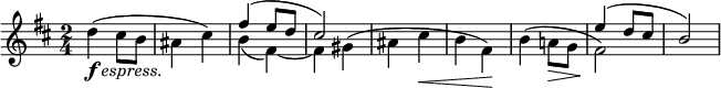 \relative c'' {
\time 2/4
\key b \minor
<< { 
  \voiceOne s2 | s2 | fis4( e8 d | cis2) | s2 | s2 | s2 | e4( d8 cis | b2)
} \\ {
  \voiceTwo d4^(_\markup{\dynamic "f" \italic "espress."} cis8 b | ais4 cis) | b( fis~) | fis gis^( | 
  ais cis\< | b fis)\! | b^( a!8\> g | fis2)\!
} >>
}