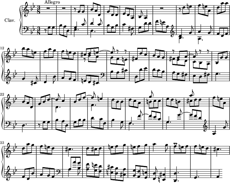 
\version "2.18.2"
\header {
  tagline = ##f
}

%% les petites notes
trillFq        = { \tag #'print { f8\prall } \tag #'midi { \times 2/3 { f16 g f~ } } }

upper = \relative c'' {
  \clef treble 
  \key g \minor
  \time 3/8
  \tempo 4. = 74
  \set Staff.midiInstrument = #"harpsichord"
  \override TupletBracket.bracket-visibility = ##f

     s8*0^\markup{Allegro}
     R4.*2 | r8 g8 g | bes a d, | g d d | ees d a | bes a4 | R4.
     % ms. 9
     r8 d'8 e | f e a, | d a' a | bes a e | f a g | f e d | << { cis8 d e~ | e r8 r8 } \\ { r8 bes a | g f e } >>
     % ms. 17
     fis8 d' c | bes a g | << { r8 g8 a~ a r8 r8 } \\ { fis ees d | c bes a } >> | bes8 g' g | bes a d, | << { g8 bes d~ | d c4 | bes8 d f~ | f e4 } \\ { s4. d,4. s4. f4. } >> |
     % ms. 27
      d'8 bes bes | d c a  | << { g'8 s4 s4. | a8 } \\ { b,8 c c | ees d b | cis d d } >> | f e a, |
     % ms. 33
     d8 a' g | f e d | cis4. | d8 cis d e f g e f g a4 g8 | \trillFq e8 f |
     % ms. 41
     f8 e d | cis4.

}

lower = \relative c' {
  \clef bass
  \key g \minor
  \time 3/8
  \set Staff.midiInstrument = #"harpsichord"

    % **************************************
     r8 g8 g | bes a d, << { g4 c8 | d4 c8 } \\ { ees,4. | d } >> bes'8 g bes | c4 fis,8 | g d' d | f e a, |   \clef treble 
     % ms. 9
     << { d4 g8 | a4 g8 } \\ { bes,4. | a } >> f'8 d f | g4 cis,8 | d4 bes'8 | a8 g f | e d cis |   \clef bass bes a cis |
     % ms. 17
     d,8 d' ees | d c bes | a g fis | ees d fis | g4. | d  | r8 g8 g | bes a d, |
     % ms. 25
     g bes bes | d c f, | bes4 g8 | << { f4 f'8~ f8 ees c | g4 g'8~ | g f d |   \clef treble  a4 g'8 } \\ { \mergeDifferentlyDottedOn f,4. s4. | g4. s4. } >>
     % ms. 33
     f'8 d bes' | a g f |   \clef bass  << { a,8 a' g } \\ { a,4 bes8 } >> | < a f' >8 < g e' > < f d' > | < e cis' > < d bes' > < cis a' > | < bes g' > < a f' > < g e' > | < f d' > < e cis' >4 < d d' >4. |
     % ms. 41
     g4. a4 

}

thePianoStaff = \new PianoStaff <<
    \set PianoStaff.instrumentName = #"Clav."
    \new Staff = "upper" \upper
    \new Staff = "lower" \lower
  >>

\score {
  \keepWithTag #'print \thePianoStaff
  \layout {
      #(layout-set-staff-size 17)
    \context {
      \Score
     \override SpacingSpanner.common-shortest-duration = #(ly:make-moment 1/2)
      \remove "Metronome_mark_engraver"
    }
  }
}

\score {
  \keepWithTag #'midi \thePianoStaff
  \midi { }
}
