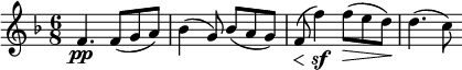 
    \relative c' {
        \set Score.tempoHideNote = ##t \tempo 8 = 84
        \set Staff.midiInstrument = #"violin"
        \set Score.currentBarNumber = #37
        \key f \major
        \time 6/8
       
        f4.\pp f8( g a)
        bes4( g8) bes( a g)
        f(\< f'4)\sf f8(\> e d)\!
        d4.( c8)
    }
