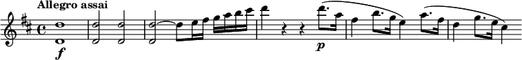 
\relative c'' {
  \version "2.18.2"
  \tempo "Allegro assai"
  \key d \major
  \time 4/4 
  \tempo 4 = 140
  <d d,>1\f |
  q2 q |
  <d~ d,>2 d8 e16 fis g a b cis |
  d4 r r d8.(\p a16 |
  fis4 b8. g16 e4) a8.( fis16 |
  d4 g8. e16 cis4)
}
