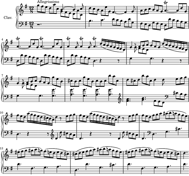 
\version "2.18.2"
\header {
  tagline = ##f
  % composer = "Domenico Scarlatti"
  % opus = "K. 103"
  % meter = "Allegrissimo"
}

%% les petites notes
trillAp     = { \tag #'print { a4.\trill~ } \tag #'midi { b32 a b a~ a4~ } }
trillA      = { \tag #'print { a4\trill } \tag #'midi { b32 a b a~ a8 } }

upper = \relative c'' {
  \clef treble 
  \key g \major
  \time 12/8
  \tempo 4. = 110
  \set Staff.midiInstrument = #"harpsichord"
  \override TupletBracket.bracket-visibility = ##f
  \omit TupletNumber

      s8*0^\markup{Allegrissimo}
      g'8 fis e d a' c, \stemUp b4.^~ b4 c8 \stemNeutral | d8 c b a e' g, fis4.~ fis4 g8 | a8 b c b a g \repeat unfold 3 { \trillAp a8 d g, } |
      % ms. 5
      \repeat unfold 2 { \trillA g8 } \trillAp \repeat unfold 2 { \times 6/8 { d16( c b a g fis e d) } | g4 c8\rest \stemUp a b c b a g } \stemNeutral g'8 e b 
      % ms. 8
      cis8 b cis g' e b  cis b cis b' a cis,  d cis d b' a cis,   d4 d8 \repeat unfold 2 { e fis g |
      % ms. 10
      fis8 e d \times 6/8 { a'16( g fis e d cis b a) } d4 r8 } e8 fis g | fis e d fis g a ais( b a g fis e) |
      % ms. 13
      eis8( fis g gis a g) fis( e d e d cis) | cis( d e fis g a) ais( b a g fis e) |  eis8( fis g gis a g) fis( e d e d cis) |
      % ms. 16
      d4.

}

lower = \relative c' {
  \clef bass
  \key g \major
  \time 12/8
  \set Staff.midiInstrument = #"harpsichord"
  \override TupletBracket.bracket-visibility = ##f

    % ************************************** \appoggiatura \repeat unfold 2 {  } \times 2/3 { }
      r2. \stemDown \change Staff = "upper" g'8 fis e d a' c, | \change Staff = "lower" b4. c d8 c b a d g, | fis e d g fis e \repeat unfold 4 { d d' c b a g } |
      % ms. 5
      d4. r4 r8 | g4 \stemDown \change Staff = "upper" g'8 fis e d \change Staff = "lower" g,4. r4 r8 |
      % ms. 7
       g4 \stemDown \change Staff = "upper" g'8 fis e d \change Staff = "lower" g,4. \repeat unfold 2 { < g g' >4. | < a g' > } < a g' >4. |   \clef treble  < fis' a >4. < g b > fis8 e d   \clef bass  cis b a | \stemNeutral
      % ms. 10
      d,4. \repeat unfold 2 { r4 r8  \clef treble   d'4 d'8 cis b a d,4. }    \clef bass d,4. g cis |
      % ms. 13
      d4. fis, g a | d, d' g, cis d | fis, g a | d

}

thePianoStaff = \new PianoStaff <<
    \set PianoStaff.instrumentName = #"Clav."
    \new Staff = "upper" \upper
    \new Staff = "lower" \lower
  >>

\score {
  \keepWithTag #'print \thePianoStaff
  \layout {
      #(layout-set-staff-size 17)
    \context {
      \Score
     \override SpacingSpanner.common-shortest-duration = #(ly:make-moment 1/2)
      \remove "Metronome_mark_engraver"
    }
  }
}

\score {
  \keepWithTag #'midi \thePianoStaff
  \midi { }
}
