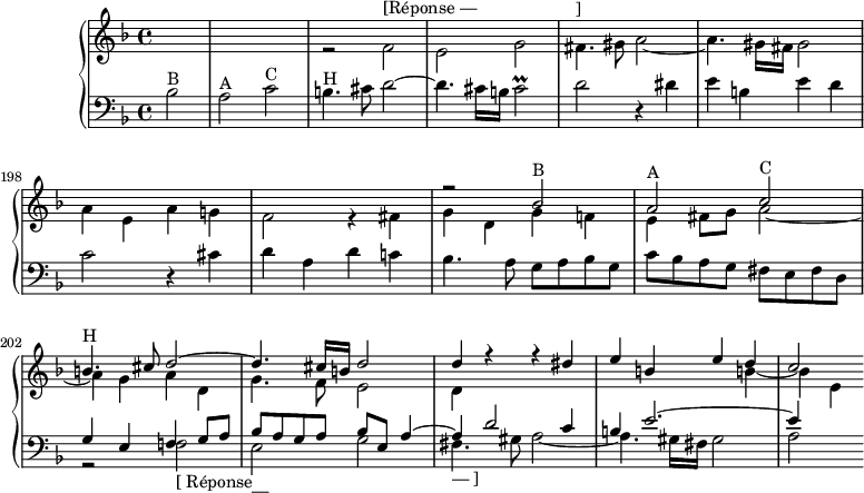 
\version "2.18.2"
\header {
  tagline = ##f
}

PrallcisB = { \tag #'print { cis2\prall } \tag #'midi { d16 cis d cis d cis b cis } }

upper = \relative c' {
  \clef treble 
  \key d \minor
  \time 4/4
  \tempo 4 = 110
  \set Score.currentBarNumber = #193
  %\autoBeamOff 
   \set Staff.midiInstrument = #"harpsichord"

   %% BWV Contrepoint XIX à trois sujets, entrée de BACH
   << { s1*7 s2 r2 bes'2^\markup{B} a^\markup{A} c^\markup{C} b!4.^\markup{H} cis8 d2~ d4. cis16 b! d2 d4 r4 r4 dis4 e b! e d c2 } \\ { s1 s2 r2 f,2^\markup{[Réponse —} e g fis4.^\markup{ ]} gis8 a2~ a4. gis16 fis gis2 a4 e a g! f2 r4 fis4 g d g f! e fis8 g a2~ a4 g a d, g4. f8 e2 d4 s4 s2 s2 s4 b'!4~ b e, } >>

}

lower = \relative c' {
  \clef bass
  \key d \minor
  \time 4/4
   \set Staff.midiInstrument = #"harpsichord"

   \partial 2
   bes2^\markup{B} a^\markup{A} c^\markup{C} b!4.^\markup{H} cis8 d2~ d4. cis16 b! \PrallcisB d2 r4 dis4 e b! e d c2 r4 cis4 d a d c! bes4. a8 g a bes g c bes a g fis e fis d
   << { g4 e f! g8 a bes8 a g a bes e, a4~ a d2 c4 b! e2.~ e4 } \\ { r2 f,2_\markup{[ Réponse} e_\markup{ — } g fis4._\markup{ — ]} gis8 a2~ a4. gis16 fis gis2 a2 } >>

}

 thePianoStaff = \new PianoStaff <<
    \new Staff = "upper" \upper
    \new Staff = "lower" \lower
    >>
\score {
  \keepWithTag #'print \thePianoStaff
  \layout {
    \context {
      \Score
      \remove "Metronome_mark_engraver"
      %\override SpacingSpanner.common-shortest-duration = #(ly:make-moment 1/2) 
    }
  }
}

\score {
  \keepWithTag #'midi \thePianoStaff
  \midi { }
}
