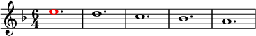 
\relative g'
{  
\time 6/4 
\key f \major
\override Voice.NoteHead.color = #(rgb-color 1 0 0)e'1. \override Voice.NoteHead.color = #(rgb-color 0 0 0)d1. c1. bes1. a1.
} 
