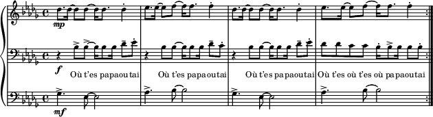 
\new GrandStaff <<
  \new Staff \with { midiInstrument = "pad 3" \magnifyStaff #5/7 }
  \transpose a bes {
    \relative a' {
      \clef treble
      \set Score.tempoHideNote = ##t
      \key a \minor
      \time 4/4
      \tempo 4 = 120
      \repeat volta 2
      { c8.\mp c16 ~ c8 c ~ c16 c8. c4-. d8. d16 ~ d8 e ~ e16 e8. e4-. c8. c16 ~ c8 c ~ c16 c8. c4-. d8. d16 ~ d8 e ~ e16 e8. e4-. }
    }
  }
  \new Staff \with { midiInstrument = "choir aahs" \magnifyStaff #5/7 }
  \transpose a bes {
    \relative a {
      \clef bass
      \key a \minor
      { r4\f a8-> a-> ~ a16 a8 a16 c8-- d-. r4 a8 a ~ a16 a8 a16 c8-- b-. r4 a8 a ~ a16 a8 a16 c8-- d-. c8 c b b a16-. a8-> a16 a8 a-. }
    }
  }
  \addlyrics {
    \override LyricText.font-size = #-2
    Où t’es pa -- pa -- ou -- tai Où t’es pa -- pa -- ou -- tai 
    Où t’es pa -- pa -- ou -- tai Où t’es où t’es où pa -- pa -- ou -- tai
  }
  \new Staff \with { midiInstrument = "electric bass (pick)" \magnifyStaff #5/7 }
  \transpose a bes {
    \relative a {
      \clef bass
      \key a \minor
      { f4.->\mf d8 ~ d2 g4.-> a8 ~ a2 f4.-> d8 ~ d2 g4.-> a8 ~ a2 }
    }
  }
>>
  \layout {
      \context {
        \Score
        \override SpacingSpanner.base-shortest-duration = #(ly:make-moment 1/2)
      }
    }
