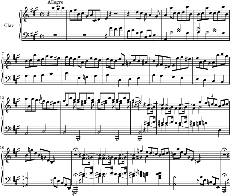 
\version "2.18.2"
\header {
  tagline = ##f
}

%% les petites notes
trillGis     = { \tag #'print { gis4\prall } \tag #'midi { a32 gis a gis~ gis8~ } }

upper = \relative c'' {
  \clef treble 
  \key a \major
  \time 2/2
  \tempo 2 = 68
  \set Staff.midiInstrument = #"harpsichord"
  \override TupletBracket.bracket-visibility = ##f

      s8*0^\markup{Allegro}
      r4 a'4 \trillGis a4 | e8 fis b, cis gis a cis, d | e4 r4 r2 | r4 d'8 cis b a4 gis8 |
      % ms. 5
      a4 \repeat unfold 2 { a'8 cis, cis d b' b, | b cis } a'8 cis, d gis fis eis | fis16[ e d8] fis8 a, b e d cis |
      % ms. 9
      d16[ cis b8] d fis, g cis b ais | b e, fis dis e e' fis dis | e a, b gis a a' b gis | a a, a' gis \appoggiatura gis16 fis8 e dis e |
      % ms. 13
      << { fis8 b, b' \repeat unfold 3 { gis8 gis fis b } gis8 | \appoggiatura gis4 fis2 } 
      \\ { s4.  \repeat unfold 3 { e8 e[ dis] s8 } e8 | \appoggiatura e4 dis2 } >> |
      r4 << { b4~ | b4 b2 b4~ | b4   e4 \times 2/3 { d8 c b } \omit TupletNumber \times 2/3 { a8[ b c] } } \\ { \repeat unfold 3 { fis,8. gis16 fis4 } gis2 } >> \omit TupletNumber
      % ms. 18
      \times 2/3 { b8 g' d } \times 2/3 { b8[ g d] } \times 2/3 { b8 s4 } s4 | r2\fermata r4 
      % ms. 19 fin
      << { b'4~ | b4 b2 b4~ | b4  \omit TupletNumber f'4 \times 2/3 { e8 d c } \times 2/3 { b8[ c d] } } \\ { \repeat unfold 3 { fis,8. g16 fis4 } gis!4 a } >>
      % ms. 22
      \times 2/3 { c8 a' e } \times 2/3 { c8[ gis e] } \times 2/3 { c8 s4 } s4 | r2\fermata r4 

}

lower = \relative c' {
  \clef bass
  \key a \major
  \time 2/2
  \set Staff.midiInstrument = #"harpsichord"
  \override TupletBracket.bracket-visibility = ##f

    % **************************************
      R1*2 | r4 e4 d e | b8 cis gis a cis, d e4 | 
      % ms. 5
      a,4 << { s4 < b' d >2 | e2 < b d > } \\ { a2 gis4 | a a2 gis4 } >> | a4 a b cis | d fis, g a |
      % ms. 9
      b4 d, e fis | b a gis fis | e d cis b | a2 cis |
      % ms. 13
      b2 b, | b' b, | < b b' >2 r4 
      % ms. 15 fin
      << { \repeat unfold 3 { dis''8. e16 dis4 } e4 } \\ { b4~ | b4 b2 b4~ | b4 c d d, } >>
      % ms. 18
      < g, g' >2 \omit TupletNumber \times 2/3 { r8 g'8 d } \times 2/3 { b8[ g d] } g,2\fermata r4
      % ms. 19 fin 
      << { \repeat unfold 3 { dis'''8. e16 dis4 } } \\ { b4~ | b4 b2 b4~ | b4 < b d f >4 < c e > < gis b d e > } >>
      % ms. 22
      < a, a' >2 \omit TupletNumber \times 2/3 { r8 a'8 e } \times 2/3 { c8[ a e] } a,2\fermata r4

}

thePianoStaff = \new PianoStaff <<
    \set PianoStaff.instrumentName = #"Clav."
    \new Staff = "upper" \upper
    \new Staff = "lower" \lower
  >>

\score {
  \keepWithTag #'print \thePianoStaff
  \layout {
      #(layout-set-staff-size 17)
    \context {
      \Score
     \override SpacingSpanner.common-shortest-duration = #(ly:make-moment 1/2)
      \remove "Metronome_mark_engraver"
    }
  }
}

\score {
  \keepWithTag #'midi \thePianoStaff
  \midi { }
}
