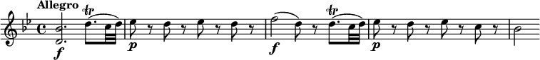 
\relative c'' {
  \override Score.NonMusicalPaperColumn #'line-break-permission = ##f
  \version "2.18.2"
  \key bes \major
  \tempo "Allegro"
  \tempo 4 = 140
  <bes d,>2.\f d8.\trill( c32 d) |
  es8\p r d r es r d r |
  f2\f (d8) r d8.\trill( c32 d) |
  es8\p r d r es r c r |
  bes2
}
