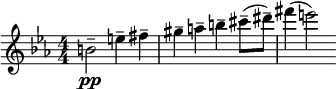 
 \relative c'' { \clef treble \numericTimeSignature \time 4/4 \key c \minor
 b2--\pp e4-- fis-- | gis-- a-- b-- cis8--( dis--) | fis4( e2) }
