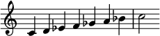  {
\override Score.TimeSignature #'stencil = ##f
\relative c' { 
  \clef treble \time 7/4
  c4 d es f ges a bes c2

} }
