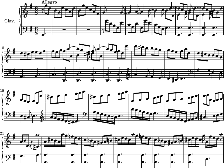 
\version "2.18.2"
\header {
  tagline = ##f
  % composer = "Domenico Scarlatti"
  % opus = "K. 305"
  % meter = "Allegro"
}

%% les petites notes
trillCisp     = { \tag #'print { cis4.\prall } \tag #'midi { d32 cis d cis~   \tempo 4. = 56 cis4   \tempo 4. = 92 } }

upper = \relative c'' {
  \clef treble 
  \key g \major
  \time 6/8
  \tempo 4. = 92
  \set Staff.midiInstrument = #"harpsichord"
  \override TupletBracket.bracket-visibility = ##f

      \partial 4.
      s8*0^\markup{Allegro}
      r8 g'8 d | b g e' c a d | b g' e c a fis | g s4 s4 g8~ |
      % ms. 4
      g4 a8~ a4 b8~ | b4 c8 << { s8 d4~ | d8 c a b d4~ d8 c a } \\ { b8 d d, | e4 fis8 g d' d, | e4 fis8 } >> b8 g d'
      % ms. 8
      d8 cis e e d fis | fis e g << { s8 a4~ a8 g e fis a4~ a8 g e } \\ { fis a a, | b4 cis8 | d a' a, } >> fis'8 d d' |
      % ms. 12
      d8 cis b b a g | g fis e fis a d, | d cis b b a g | g fis e fis d d' |
      % ms. 16
      \repeat unfold 2 { cis8 d e fis g a } | \repeat unfold 2 { fis, g a b c d } |
      % ms. 20
      d8 e g, fis g a | a b d, \acciaccatura d16 \trillCisp | a'16 cis b a a' g f8 e d | c bes a gis a b |
      % ms. 24
      cis16 e d cis a' g f8 e d | c bes a gis a b | cis16[ e d cis] g'8 a,16[ fis' e d] a'8 | 

}

lower = \relative c' {
  \clef bass
  \key g \major
  \time 6/8
  \set Staff.midiInstrument = #"harpsichord"
  \override TupletBracket.bracket-visibility = ##f

    % ************************************** \appoggiatura a16  \repeat unfold 2 {  } \times 2/3 { }   \omit TupletNumber 
      g,4. | R2.*2 | r8 g''8 d b g e' |
      % ms. 4
      c a d g, g' e | c a fis g4. | < g, g' >4. q q q |  
      % ms. 8
      a4. b | cis < d, d' >4. q q q q | \clef treble 
      % ms. 12
      a'''4 g8 | fis4 e8 | d4 cis8 d4. |   \clef bass a4 g8 fis4 e8 | d4 cis8 d4. | \clef treble 
      % ms. 16
      a''16 g fis e d cis d4. |  \clef bass  a16 g fis e d cis d4. | d'16 c b a g fis g4. | d16  c b a g fis  g8 a b |
      % ms. 20 
      cis4. d8 e fis | g4. a | \repeat unfold 9 { < a, a' >4. } |
      % ms. 26 suite…
      d4. 

}

thePianoStaff = \new PianoStaff <<
    \set PianoStaff.instrumentName = #"Clav."
    \new Staff = "upper" \upper
    \new Staff = "lower" \lower
  >>

\score {
  \keepWithTag #'print \thePianoStaff
  \layout {
      #(layout-set-staff-size 17)
    \context {
      \Score
     \override SpacingSpanner.common-shortest-duration = #(ly:make-moment 1/2)
      \remove "Metronome_mark_engraver"
    }
  }
}

\score {
  \keepWithTag #'midi \thePianoStaff
  \midi { }
}
