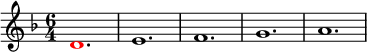 
\relative g'
{  
\time 6/4 
\key f \major
\override Voice.NoteHead.color = #(rgb-color 1 0 0)d1. \override Voice.NoteHead.color = #(rgb-color 0 0 0)e1. f1. g1. a1.
} 
