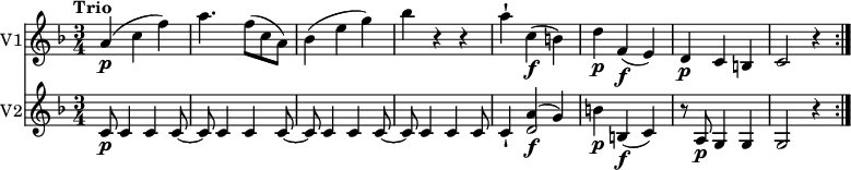 
<<
  \new Staff \with {
       instrumentName = #"V1" }
     \relative c'' { 
         \version "2.18.2"
         \clef "treble" 
         \tempo "Trio" 
         \key f \major
         \time 3/4
          a4\p (c f)
          a4. f8 (c a)
          bes4 (e g)
          bes r4 r4
          a-! c,\f (b)
          d\p f,\f (e)
          d\p c b
          c2 r4 \bar ":|."
}
\new Staff \with {
         instrumentName = #"V2" }
  \relative c'' { 
         \clef "treble" 
         \key f \major
         \time 3/4
         c,8\p c4 c c8~
         c8 c4 c c8~
         c8 c4 c c8~
         c8 c4 c c8
         c4-! <<{a'\f ^(g)} {d2}>>
         b'4\p b,\f (c) 
         r8 a8\p g4 g
         g2 r4 \bar ":|."
 }
>>
