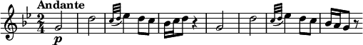 
\relative c'' {
  \version "2.18.2"
  \key bes \major
  \tempo "Andante"
  \time 2/4
   \tempo 4 = 50
   g2\p d'
   \grace {c32 (d} ees4) d8 c
   bes16 c d8 r4
   g,2 d'
   \grace {c32 (d32]} ees4) d8 c8
   bes16 a g8 r8
}
