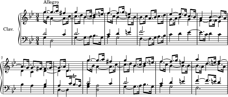 
\version "2.18.2"
\header {
  tagline = ##f
  % composer = "Domenico Scarlatti"
  % opus = "K. 8"
  % meter = "Allegro"
}

%% les petites notes
trillBesqp     = { \tag #'print { bes8.\trill } \tag #'midi { c32 bes c bes~ bes16 } }

upper = \relative c'' {
  \clef treble 
  \key g \minor
  \time 3/4
  \tempo 4 = 80
  \set Staff.midiInstrument = #"harpsichord"
  \override TupletBracket.bracket-visibility = ##f

      s8*0^\markup{Allegro}
      << { \mergeDifferentlyDottedOn g'4~ g8. a16 fis4 | g4 bes,8. c16 d8. e16 | f4~ f8. g16 e4 } 
      \\ { g8. bes,16 a4~ a8. c16~ | c8. d16 bes4~ bes | f'8. c16 bes4~ bes8. bes16~ | bes8. c16 } >> a8. bes16 c8. d16 |
      % ms. 5
      << { ees4~ ees8. d16 c8. bes16 | a4 bes4~ bes8. a16~ | a8. g16~ g8. fis16~ fis8. g16~ | g8. a16 d,4 } 
      \\ { g8. a16 bes4 g | f4~ f8. f16 ees4 | d c  d4~ | d d8. \stemUp \change Staff = "lower" c16 } >> s4  \change Staff = "upper" |
      % ms. 9
      << { g''4~ g8. a16 fis4 | g4 bes,8. c16 d8. e16 | f4~ f8. g16 e4 | a d,8. e16 f4~ \hideNotes f16*0 } 
      \\ { g8. bes,16 a4~ a8. c16~ | c8. d16 bes4~ bes | f'8. c16 bes4~ bes8. bes16~ | bes8. a16 d4~ d8. a16 } >>
      % ms. 16
      
      % ms. 21
      

}

lower = \relative c' {
  \clef bass
  \key g \minor
  \time 3/4
  \set Staff.midiInstrument = #"harpsichord"
  \override TupletBracket.bracket-visibility = ##f

    % ************************************** \appoggiatura a8  \repeat unfold 2 {  } \times 2/3 { }   \omit TupletNumber 
      << { d2 c4 | d2. | c4 d e | f2. } 
      \\ { g,4 d2 | g4~ g8. a16 bes8. g16 | a4 g2 | f4~ f8. g16 a8. bes16 } >>
      % ms. 5
      c4 d ees4~ | ees8. c16 d4 c | bes a << { bes4 | a s4 \trillBesqp a16 } \\ { g4 | d~ d } >>
      % ms. 9
      << { d'2 c4 | d2. | c4 d e | f4~ f8. e16 d4 } 
      \\ { < g, bes >4 < d a' >2 | g4~ g8. a16 bes8. g16 | a4 g2 | f2. } >>
      % ms. 16
      
      % ms. 21
      

}

thePianoStaff = \new PianoStaff <<
    \set PianoStaff.instrumentName = #"Clav."
    \new Staff = "upper" \upper
    \new Staff = "lower" \lower
  >>

\score {
  \keepWithTag #'print \thePianoStaff
  \layout {
      #(layout-set-staff-size 17)
    \context {
      \Score
     \override SpacingSpanner.common-shortest-duration = #(ly:make-moment 1/2)
      \remove "Metronome_mark_engraver"
    }
  }
}

\score {
  \keepWithTag #'midi \thePianoStaff
  \midi { }
}
