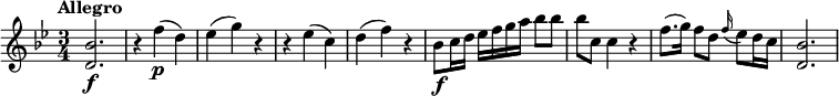 
\relative c' {
  \version "2.18.2"
  \tempo "Allegro"
  \key bes \major
  \time 3/4
  <d bes'>2.\f |
  r4 f'(\p d) |
  es4( g) r |
  r4 es( c) |
  d4( f) r |
  bes,8\f c16 d es f g a bes8 bes |
  bes8 c, c4 r |
  f8.( g16) f8 d \appoggiatura f16 es8 d16 c
  <d, bes'>2.
}
