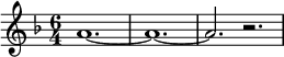 
\relative g'
{  
\time 6/4 
\key f \major
a1.~ a1.~ a2. r2.
} 
