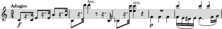 
\relative c' {
  \override Score.NonMusicalPaperColumn #'line-break-permission = ##f
  \version "2.18.2"
  \tempo "Adagio"
  \time 3/4
  c8\f[ r16. c32] e8[ r16. e32] a8[ r16. a32] |
  b,8[ r16. d''32] d4^\markup { \italic ten. } r8 r16. b,,32 |
  bes8[ r16. <e' c'>32] q4^\markup { \italic ten. } r |
  << {\voiceOne R1*3/4 | c'4 c c | }
  \\ {\voiceTwo f,,4\p f f | f16( e dis e) e4.( f16 g) | }
  >>
}
