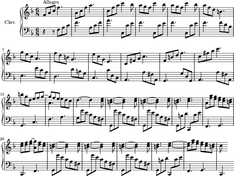 
\version "2.18.2"
\header {
  tagline = ##f
  % composer = "Domenico Scarlatti"
  % opus = "K. 350"
  % meter = "Allegro"
}

%% les petites notes
%trillBesp     = { \tag #'print { bes4.\prall } \tag #'midi { c32 bes c bes~ bes4 } }

upper = \relative c'' {
  \clef treble 
  \key f \major
  \time 6/8
  \tempo 4. = 92
  \set Staff.midiInstrument = #"harpsichord"
  \override TupletBracket.bracket-visibility = ##f

      s8*0^\markup{Allegro}
      f,8 a c  f4. | a,8 c f a4. | c,8 f a c4 bes8 | \repeat unfold 2 { a8 g f c'4 bes8 }
      % ms. 6
      a8 f d b4. | g'8 e c a4. | f'8 d b g4. |
      % ms. 9
      e'8 c g e4. | c8 fis a c4. | f,8 b d f4. | c8 fis a c4. |
      % ms. 13
      b8 g d << { e8 f g~ | g f e } \\ { s4. a,4. } >> e'8 d c | d4.~ d4 < c e >8 | \repeat unfold 2 { < b d >4.~ q4 < c e >8 }
      % ms. 18
      < b d >4. < c e > | a8 < f' a > < e g > < d f > < c e > < b d > | < c e > < d f > < e g >~ < a, g' > < d f > < c e >
      % ms. 21
      \repeat unfold 3 { < b d >4.~ q4 < c e >8 } | < b d >4. < c e >~ |
      % ms. 25
       q8 < f a >8 < e g > < d f > < c e > < b d > | c8 s8

}

lower = \relative c' {
  \clef bass
  \key f \major
  \time 6/8
  \set Staff.midiInstrument = #"harpsichord"
  \override TupletBracket.bracket-visibility = ##f

    % ************************************** \appoggiatura a16  \repeat unfold 2 {  } \times 2/3 { }   \omit TupletNumber 
      r4 r8 f,8 a c | f4. a,8 c f | a4. \repeat unfold 3 { c,,8 c' e | f4. }
      % ms. 6 suite…
      f8 d bes e,4. | e'8 c a | d,4. d'8 b g |
      % ms. 9
      c,4. c'8 e, c | a4. a'8 fis a, | g4. g'8 d g, | a4. a'8 fis a, |
      % ms. 13
      g4. c | f  a | g8 \repeat unfold 3 { g' e c a fis | g, } 
      % ms. 18
      b' d c,, c'' e | f,,4. g | c, f | 
      % ms. 21
      \repeat unfold 3 { g8 g'' e c a fis } | g,8 b' d c,, c'' e |
      % ms. 25
      f,,4. g c,

}

thePianoStaff = \new PianoStaff <<
    \set PianoStaff.instrumentName = #"Clav."
    \new Staff = "upper" \upper
    \new Staff = "lower" \lower
  >>

\score {
  \keepWithTag #'print \thePianoStaff
  \layout {
      #(layout-set-staff-size 17)
    \context {
      \Score
     \override SpacingSpanner.common-shortest-duration = #(ly:make-moment 1/2)
      \remove "Metronome_mark_engraver"
    }
  }
}

\score {
  \keepWithTag #'midi \thePianoStaff
  \midi { }
}
