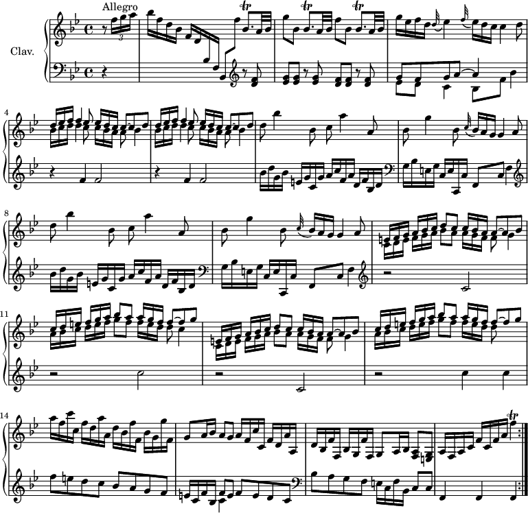 
\version "2.18.2"
\header {
  tagline = ##f
  % composer = "Domenico Scarlatti"
  % opus = "K. 66"
  % meter = "Allegro"
}

%% les petites notes
trillBesqpDown     = { \tag #'print { bes,8.\trill } \tag #'midi { c32 bes c bes~ bes16 } }
trillBesqp         = { \tag #'print { bes8.\trill } \tag #'midi { c32 bes c bes~ bes16 } }
trillFUp           = { \tag #'print { f'4\trill } \tag #'midi { g32 f g f  g   \tempo 4 = 30 f~ f16   \tempo 4 = 90 } }
 
upper = \relative c'' {
  \clef treble 
  \key bes \major
  \time 4/4
  \tempo 4 = 90
  \set Staff.midiInstrument = #"harpsichord"
  \override TupletBracket.bracket-visibility = ##f

\repeat volta 2 {
      s8*0^\markup{Allegro}
      \partial 4 r8 \times 2/3 { f16[ g a] } | bes16 f d bes f d \change Staff = "lower" bes f bes,8 \change Staff = "upper"  f''' \trillBesqpDown a32 bes | g'8 bes, \trillBesqp a32 bes f'8 bes, \trillBesqp a32 bes |
      % ms. 3
      g'16 ees f d \appoggiatura d32 ees4 \appoggiatura f32 \omit TupletNumber \times 2/3 { ees16[ d c] } c4d8 | 
      \repeat unfold 2 { 
      << { \omit TupletNumber \times 2/3 { d16[ ees f] } f4 ees8 \times 2/3 { ees16[ d c] } c8~ c d } 
      \\ { \omit TupletNumber \times 2/3 { bes16[ c d] } d4 c8 \times 2/3 { c16[ bes a] } a8 bes4 } >> 
      }
      % ms. 6
      \repeat unfold 2 {  d8 bes'4 bes,8 c a'4 a,8 | bes8 g'4 bes,8 \appoggiatura c32 \times 2/3 { bes16[ a g] } g4 a8 } | 
      % ms. 10
      << { \omit TupletNumber \times 2/3 { e16[ f g] } \times 2/3 { a16 bes c] } d8 c \times 2/3 { c16[ bes a] } a8~ a bes | \times 2/3 { c16[ d e] } \times 2/3 { f16 g a] } bes8 a \times 2/3 { a16[ g f] } f8~ f g } 
      \\ { \omit TupletNumber \times 2/3 { c,,16[ d e] } \times 2/3 { f16[ g a] } bes8 a \times 2/3 { a16[ g f] } f8 g4  | \times 2/3 { a16[ bes c] } \times 2/3 { d16[ e f] } g8 f \times 2/3 { f16[ e d] } d8 c4 } >> |

      << { \omit TupletNumber \times 2/3 { e,16[ f g] } \times 2/3 { a16 bes c] } d8 c \times 2/3 { c16[ bes a] } a8~ a bes | \times 2/3 { c16[ d e] } \times 2/3 { f16 g a] } bes8 a \times 2/3 { a16[ g f] } f8~ f g } 
      \\ { \omit TupletNumber \times 2/3 { c,,16[ d e] } \times 2/3 { f16[ g a] } bes8 a \times 2/3 { a16[ g f] } f8 g4  | \times 2/3 { a16[ bes c] } \times 2/3 { d16[ e f] } g8 f \times 2/3 { f16[ e d] } d8 } >> |

      % ms. 14
      a'16 f c' c,  f d a' a,  d bes f' f,  bes g g' f, |
      % ms. 15
      g8 a16 bes  a8 g  a16 f c' c,  f d a' a, | d bes f' f, bes g f' f, g8 a16 bes < f a >8 < e g > | a16 f a c f c f a \trillFUp }%repet

}

lower = \relative c' {
  \clef bass
  \key bes \major
  \time 4/4
  \set Staff.midiInstrument = #"harpsichord"
  \override TupletBracket.bracket-visibility = ##f

\repeat volta 2 {
    % ************************************** \appoggiatura a16  \repeat unfold 2 {  } \times 2/3 { }   \omit TupletNumber 
      r4 | s2.   \clef treble  r8 < d f >8 | < ees g > q r8 q < d f > q r8 q |
      % ms. 3
      << { g8 f g a~ a4 } \\ { ees8 d c4 bes8 f' bes4 } >> | \repeat unfold 2 { r4 f4 f2 } | 
      % ms. 6
      \repeat unfold 2 { bes16 d g, bes  e, g c, g'  a c f, a  d, f bes, d |   \clef bass g,16 bes e, g c, e c,c' f,8 c' f4 \clef treble } |
      % ms. 10
      r2 c'2 | r2   \clef treble  c'2 |
      % ms. 12
       r2 c,2 | r2 c'4 c | f8 e d c bes a g f |
      % ms. 15
      e16 c f bes, << { f'8 e } \\ { c4 } >> f8 e d c | \clef bass  bes8 a g f  e16 c f bes, c8 c | f,4 f f }%repet

}

thePianoStaff = \new PianoStaff <<
    \set PianoStaff.instrumentName = #"Clav."
    \new Staff = "upper" \upper
    \new Staff = "lower" \lower
  >>

\score {
  \keepWithTag #'print \thePianoStaff
  \layout {
      #(layout-set-staff-size 17)
    \context {
      \Score
     \override SpacingSpanner.common-shortest-duration = #(ly:make-moment 1/2)
      \remove "Metronome_mark_engraver"
    }
  }
}

\score {
  \unfoldRepeats
  \keepWithTag #'midi \thePianoStaff
  \midi { }
}
