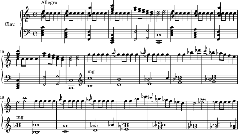 
\version "2.18.2"
\header {
  tagline = ##f
}

%% les petites notes
trillFb = { \tag #'print { f2\prall } \tag #'midi { g16 f g f~ f4 } }

upper = \relative c'' {
  \clef treble 
  \key c \major
  \time 2/2
  \tempo 2 = 120
  \set Staff.midiInstrument = #"harpsichord"
  \override TupletBracket.bracket-visibility = ##f


      s8*0^\markup{Allegro}
      \repeat unfold 2 { << { < g e' >4 s2. | < a e' >4 s2. | < a a' >4 s2. | < e' g c >4 } \\ { \repeat unfold 4 { c4 c8 c c4 c } } >> | < f a >4 < e g >8 < d f > < c e >4 < b d > |
      % ms. 6
      < b d >2 < c e > } | 
      % ms. 13
      g'4 g8 g g4 g | \appoggiatura a16 g4 g8 g g4 g | \appoggiatura aes16 g4 g8 g g4 g | g g bes des | \appoggiatura c16 bes4 aes8 g f4 e |
      % ms. 18 
      e2 \trillFb | f4 f8 f f4 f | \appoggiatura g16 f4 f8 f f4 f | \appoggiatura ges16 f4 f8 f f4 f | f f aes ces |
      % ms. 23
      \appoggiatura bes16 aes4 ges8 f ees4 d | d2 ees2-\parenthesize\prall | ees4 ees8 ees ees4 f | 

}

lower = \relative c' {
  \clef bass
  \key c \major
  \time 2/2
  \set Staff.midiInstrument = #"harpsichord"

    % **************************************
      \repeat unfold 2 { < c, e g c >4 s2. | < a c e a >4 s2. | < f c' f >4 s2. | < c e g c >4 s2. | < f f' >2 < g g' > |
      % ms. 6
      < c, c' >1 } |   \clef treble 
      % ms. 13
      < c'' c' >1^\markup{mg} | < d b' > | << { bes'2. c4 } \\ { e,1 } >> | < f bes des >1 | < g bes c e > |
      % ms. 18
      < aes c >1^\markup{mg} | < bes, bes' > | < c a' > | << { aes'2. bes4 } \\ { d,1 } >> | < ees aes ces >1 |
      % ms. 23
      < f aes bes d >1  | < ges bes > | q2. < f aes >4

}

thePianoStaff = \new PianoStaff <<
    \set PianoStaff.instrumentName = #"Clav."
    \new Staff = "upper" \upper
    \new Staff = "lower" \lower
  >>

\score {
  \keepWithTag #'print \thePianoStaff
  \layout {
      #(layout-set-staff-size 17)
    \context {
      \Score
     \override SpacingSpanner.common-shortest-duration = #(ly:make-moment 1/2)
      \remove "Metronome_mark_engraver"
    }
  }
}

\score {
  \keepWithTag #'midi \thePianoStaff
  \midi { }
}
