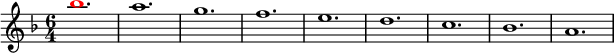 
\relative g'
{  
\time 6/4 
\key f \major
\override Voice.NoteHead.color = #(rgb-color 1 0 0)bes'1. \override Voice.NoteHead.color = #(rgb-color 0 0 0)a1. g1. f1. e1. d1. c1. bes1. a1.
} 
