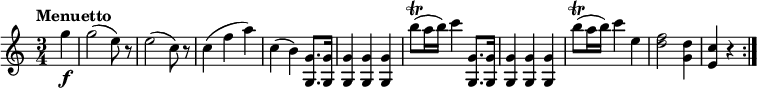 
\relative c'' {
  \version "2.18.2"
    \key c \major
    \time 3/4
    \tempo "Menuetto"
  \partial 4 \partial 4  g'4\f  g2 (e8) r8
   e2 (c8)  r8
   c4 (f a)
   c,4 (b) <g, g'>8. <g g'>16
   <g g'>4 <g g'> <g g'>
   b''8 \trill (a16 b) c4 <g,, g'>8. <g g'>16
   <g g'>4 <g g'> <g g'>
   b''8 \trill (a16 b) c4 e,
   <d f>2 <g, d'>4 <e c'> r4  \bar ":|."
  }
