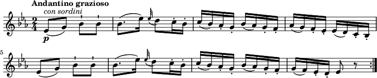 
\relative c'' {
  \version "2.18.2"
  \key ees \major 
  \tempo "Andantino grazioso"
  \time 2/4
  \tempo 4 = 60
    ees,8\p^\markup { \italic { con sordini } } (g) bes-! bes-!
    bes8. (ees16) \grace ees32 ( d8) c16-. bes-. 
    c (bes) aes-. g-. bes (aes) g-. f-.
    aes (g) f-. ees-. ees (d) c-. bes-.
    ees8 (g) bes-! bes-!
    bes8. (ees16) \grace ees32 ( d8) c16-. bes-.
    c (bes) aes-. g-. bes (aes) g-. f-.
    g (f) ees-. d-. ees8 r8  \bar ":|."
}
