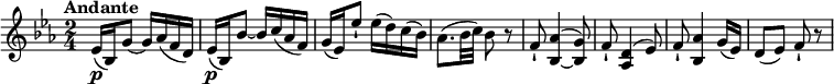 
\relative c'' {
  \version "2.18.2"
    \key ees \major
    \time 2/4
    \tempo "Andante" 
   ees,16\p (bes) g'8~ g16 aes (f d)
   ees16\p (bes) bes'8~ bes16 c (aes f)
  g (ees) ees'8-! ees16 (d) c (bes)
  aes8. (bes32 c) bes8 r8
  f-! << {bes,4  ~ bes8} { aes'4 ^ (g8)} >>
  f8-! <aes, d>4 ^(ees'8)
  f8-! <bes, aes'>4 g'16 (ees)
  d8 (ees) f-! r8
  }
