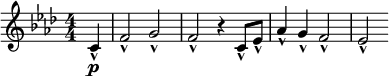  \relative c' { \clef treble \numericTimeSignature \key f \minor \time 4/4
 \partial 4*1 c\p-^ | f2-^ g-^ | f-^ r4 c8-^ ees-^ | aes4-^ g-^ f2-^ | ees-^ } 