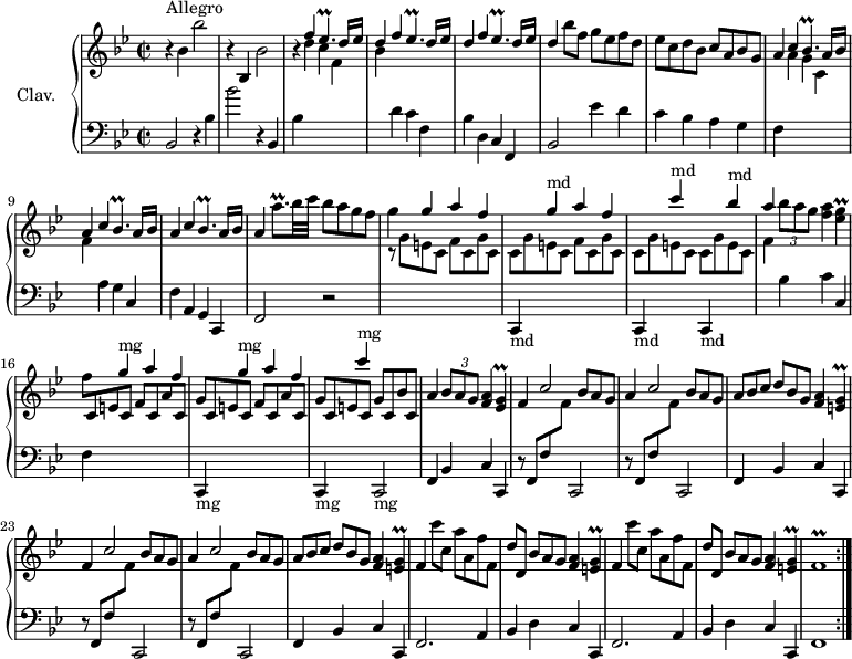 
\version "2.18.2"
\header {
  tagline = ##f
  % composer = "Domenico Scarlatti"
  % opus = "K. 528"
  % meter = "Allegro"
}

%% les petites notes
trillBesp      = { \tag #'print { bes4.\prall } \tag #'midi { c16 bes c bes c bes } }
trillAqpUp     = { \tag #'print { a'8.\prall } \tag #'midi { \times 2/3 { a16 bes a~ } a16 } }
trillEesp      = { \tag #'print { ees4.\prall } \tag #'midi { f16 ees f ees f ees } }
trillEesG      = { \tag #'print { < ees g >4\prall } \tag #'midi { a16 g a g } }
trillEG        = { \tag #'print { < e g >4\prall } \tag #'midi { a16 g a g } }
trillFr        = { \tag #'print { f1\prall } \tag #'midi { g16 f g f~   \tempo 2 = 60 f2.   \tempo 2 = 82 } }

upper = \relative c'' {
  \clef treble 
  \key bes \major
  \time 2/2
  \tempo 2 = 82
  \set Staff.midiInstrument = #"harpsichord"
  \override TupletBracket.bracket-visibility = ##f

  \repeat volta 2 {
      s8*0^\markup{Allegro}
      r4 bes4 bes'2 | r4 bes,,4 bes'2 | r4 \stemUp \repeat unfold 3 { f' \trillEesp  d16 ees | 
      % ms. 6
      d4 } \stemNeutral  bes'8 f g ees f d | ees c d bes c a bes g | a4 \stemUp \repeat unfold 3 { c \trillBesp a16 bes |
      % ms. 11
      a4 } \stemNeutral \trillAqpUp bes32 c bes8 a g f | g4 \stemUp g a f |
      \change Staff = "lower" c,,,4-\markup{md}
      \change Staff = "upper" g''''^\markup{md} a f 
      \change Staff = "lower" c,,,4-\markup{md}
      \change Staff = "upper" c''''^\markup{md}
      \change Staff = "lower" c,,,,4-\markup{md}
      \change Staff = "upper" bes''''^\markup{md}
      % ms. 15
      a4 \stemNeutral \times 2/3 { bes8 a g } < f a >4 \trillEesG | \stemDown f8 \stemUp \repeat unfold 2 { c, e c f c a' c, | g' } c, e c g' c, bes' c, |
      % ms. 19
      a'4 \times 2/3 { bes8 a g } < a f >4 \trillEesG |
      \repeat unfold 2 { f4 c'2 \omit TupletNumber \times 2/3 { bes8 a g } | a4 c2 \omit TupletNumber \times 2/3 { bes8 a g } | \times 2/3 { a8 bes c d[ bes g] } < f a >4 \trillEG } \stemNeutral 
      % ms. 26
      \repeat unfold 2 { f4 c''8[ c,] a' a, f' f, | d'[ d,] \times 2/3 { bes'8 a g } < f a >4 \trillEG } | \trillFr }%repet

}

lower = \relative c' {
  \clef bass
  \key bes \major
  \time 2/2
  \set Staff.midiInstrument = #"harpsichord"
  \override TupletBracket.bracket-visibility = ##f

  \repeat volta 2 {
    % ************************************** \appoggiatura a16  \repeat unfold 2 {  } \times 2/3 { }   \omit TupletNumber 
      bes,2 r4 bes'4 | bes'2 r4 bes,, | bes' \stemDown \change Staff = "upper" d' c f, | bes \stemNeutral \change Staff = "lower" d, c f, bes d, c f, |
      % ms. 6
      bes2 ees'4 d | c bes a g | f \stemDown \change Staff = "upper" a' g c, | f \stemNeutral \change Staff = "lower" a, g c, | f a, g c, |
      % ms. 11
      f2 r2 | \stemDown \change Staff = "upper"  r8 \repeat unfold 2 { g''8 e c f c g' c, | c } g' e c c g' e c |
      % ms. 15
      f4 \stemNeutral \change Staff = "lower" bes,4 c c, | f | 
      \repeat unfold 2 { \stemUp \change Staff = "upper" g''4^\markup{mg} a f 
      \stemNeutral \change Staff = "lower" c,,,4-\markup{mg} }
      \stemUp \change Staff = "upper" c''''4^\markup{mg}
      \stemNeutral \change Staff = "lower" c,,,,2-\markup{mg}
      % ms. 19
      f4 bes c c, | \repeat unfold 2 { \repeat unfold 2 { r8 f8 f' \change Staff = "upper" f' \stemNeutral \change Staff = "lower" c,,2 } | f4 bes c c, } |
      % ms. 26
      \repeat unfold 2 { f2. a4 |
      % ms. 27
      bes4 d c c, } | f1 }%repet

}

thePianoStaff = \new PianoStaff <<
    \set PianoStaff.instrumentName = #"Clav."
    \new Staff = "upper" \upper
    \new Staff = "lower" \lower
  >>

\score {
  \keepWithTag #'print \thePianoStaff
  \layout {
      #(layout-set-staff-size 17)
    \context {
      \Score
     \override SpacingSpanner.common-shortest-duration = #(ly:make-moment 1/2)
      \remove "Metronome_mark_engraver"
    }
  }
}

\score {
  \unfoldRepeats
  \keepWithTag #'midi \thePianoStaff
  \midi { }
}
