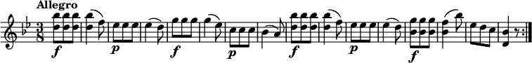  
  \relative c'' {
  \version "2.18.2"
  \key bes \major 
  \tempo "Allegro"
  \time 3/8
  \tempo 4 = 130
    <d bes'>8\f <d bes'> <d bes'>
    <d bes'>4 (f8)
    ees\p ees ees
    ees4 (d8)
    g\f g g
    g4 (ees8)
    c\p c c
    bes4 (a8)
    <d bes'>8\f <d bes'> <d bes'>
    <d bes'>4 (f8)
    ees\p ees ees
    ees4 (d8)
    <bes g'>8\f <bes g'> <bes g'>
    <bes f'>4 (bes'8)
    ees, d c 
    <d, bes'>4 r8\bar ":|."
} 
