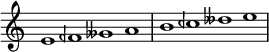 { \omit Score.TimeSignature \relative c' { \override NoteHead.duration-log = #0 \hide Stem e feh geses a b ceh deses e } }