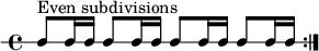 
\new RhythmicStaff {
   \clef percussion
   \time 4/4
   \repeat volta 2 { c8^\markup { "Even subdivisions" } c16 c c8 c16 c c8 c16 c c8 c16 c }
}
