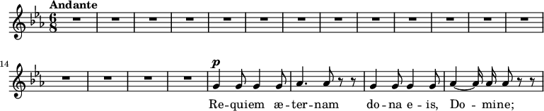 
\new Staff
{
\relative c'' {
	\clef treble
	\autoBeamOff
	\dynamicUp
	\key c \minor
	\time 6/8 
	\tempo Andante
	R2.*17 | g4 \p  g8 g4 g8 |
	aes4. aes8 r r |
	g4 g8 g4 g8 |
	aes4~ aes16 aes aes8 r r |
} 
}
\addlyrics {
  \lyricmode {
    Re -- qui -- em  æ -- ter -- nam do -- na e -- is, Do -- mi -- ne;
  }
} 
