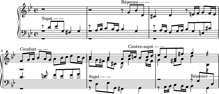 
\version "2.14.2"
\header {
  tagline = ##f
}
upper = \relative c'' {
  \clef treble 
  \key g \minor
  \time 4/4
  \tempo 4 = 62
  %\autoBeamOff

    r1 |
    r2 r8^\markup{Réponse — —} g8 bes d, |
    cis4 d r8 e!16 f g8 f16 e |
    f8^\markup{Conduit — —} g16 a bes8 a16 g a8 bes16 c d8 c16 bes |
    << { c4 bes a8 d16^\markup{Contre-sujet — —} c! bes8 c16 d } \\ { a8 g16 fis g8 cis,8 d a'4 g16 fis } >>
    << { ees'8 c a fis' g4 r4 } \\ { g,4 fis8 a d4 r4 } >>

}

lower = \relative c {
  \clef bass
  \key g \minor
  \time 4/4

    << { r8^\markup{Sujet — —} d'8 ees g, fis4 g } \\ { r1 } \\ { r1 } >> 
    << { r8 a16 bes c8 bes16 a bes4 g } \\ { r1 } \\ { r1 } >> 
    << { r8 a16 g f8 g16 a bes8 g e! cis' } \\ { r1 } \\ { r1 } >> 
    << { d4. e!8 f e f g } \\ { r1 } \\ { r1 } >> 
    << { r1 } \\ { r8^\markup{Sujet — —} d,8 ees g, fis4 g } >>
    << { r2 r8^\markup{Réponse — —} g'8 \change Staff = "upper" \stemDown bes \change Staff = "lower" \stemUp d, } \\ { r8 a16 bes c8 bes16 a  bes4 g  } >>

}

\score {
  \new PianoStaff <<
    % \set PianoStaff.instrumentName = #"BWV 861"
    \new Staff = "upper" \upper
    \new Staff = "lower" \lower
  >>
  \layout {
    \context {
      \Score
      \remove "Metronome_mark_engraver"
    }
  }
  \midi { }
}
