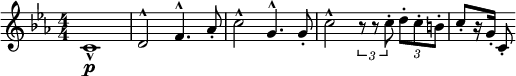 
 \relative c' { \clef treble \numericTimeSignature \time 4/4 \key c \minor
 c1-^\p | d2^^ f4.^^ aes8-. | c2^^ g4.^^ g8-. | c2^^ \times 2/3 { r8 r8 c-. } \times 2/3 { d-. c-. b-. } | c8-.[ r16 g-.] c,8-. }
