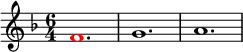 
\relative g'
{  
\time 6/4 
\key f \major
\override Voice.NoteHead.color = #(rgb-color 1 0 0)f1. \override Voice.NoteHead.color = #(rgb-color 0 0 0)g1. a1.
} 
