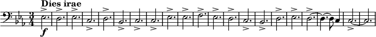 
    \relative c {
        \set Score.tempoHideNote = ##t \tempo 2 = 72
        \set Staff.midiInstrument = #"tuba"
        \set Score.currentBarNumber = #127
        \key c \minor
        \time 3/4
        \clef bass
      
        es2.->\f^\markup { \large \bold "Dies irae" }
        d->
        es->
        c->
        d->
        bes->
        c->
        c->
        es->
        es->
        f->
        es->
        d->
        c->
        bes->
        d->
        es->
        d~->
        d4.~ d8 c4
        c2.~->
        c2.
    }
