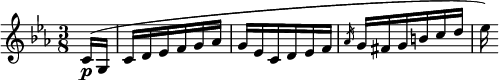 
\relative c' { \clef treble \time 3/8 \key c \minor \partial 8*1 c16(\p g | c d ees f g aes | g ees c d ees f | \slashedGrace { aes } g fis g b c d | ees) } 