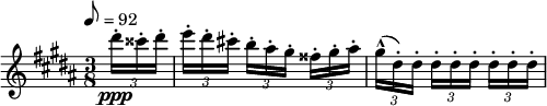 
 \relative c'' { \clef treble \time 3/8 \key gis \minor \tempo 8 = 92
 \partial 8*1 \times 2/3 { dis'16-.\ppp cisis-. dis-. } | \times 2/3 { e-.[ dis-. cis!-.] } \times 2/3 { b-.[ ais-. gis-.] } \times 2/3 { fisis-.[ gis-. ais-.] } |
 \times 2/3 { gis^^([ dis-.) dis-.] } \times 2/3 { dis-.[ dis-. dis-.] } \times 2/3 {dis-.[ dis-. dis-.] } }
