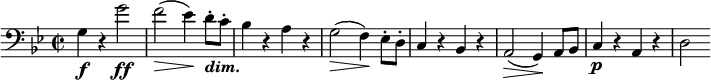 
    \relative c' {
        \set Score.tempoHideNote = ##t \tempo 2 = 72
        \set Staff.midiInstrument = #"cello"
        \set Score.currentBarNumber = #17
        \key g \minor
        \time 2/2
        \clef bass
      
        g4\f r g'2\ff
        f(\> es4)\! d8-._\markup { \bold \italic "dim." } c-.
        bes4 r a r
        g2(\> f4)\! es8-. d-.
        c4 r bes r
        a2(\> g4)\! a8 bes
        c4\p r a r
        d2
    }
