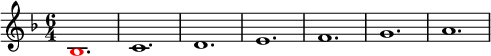 
\relative g'
{  
\time 6/4 
\key f \major
\override Voice.NoteHead.color = #(rgb-color 1 0 0)bes,1. \override Voice.NoteHead.color = #(rgb-color 0 0 0)c1. d1. e1. f1. g1. a1.
} 

