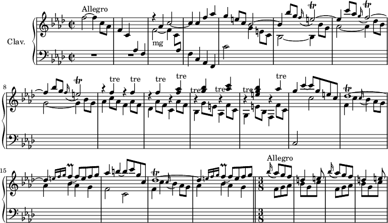 
\version "2.18.2"
\header {
  tagline = ##f
  % composer = "Domenico Scarlatti"
  % opus = "K. 204a"
  % meter = "Allegro"
}

%% les petites notes
trillEb        = { \tag #'print { e2\trill^~ } \tag #'midi { f32 e f e~ e8~ e4~ } }
trillFb        = { \tag #'print { f2\trill^~ } \tag #'midi { g32 f g f~ f8~ f4~ } }
trillF         = { \tag #'print { f4^\markup{tre} } \tag #'midi {  \repeat unfold 4 { g32 f } } }
trillAesAcc    = { \tag #'print { < f aes >4^\markup{tre} } \tag #'midi { << { \repeat unfold 4 { bes32 aes } } \\ { f4 } >> } }
trillGAcc      = { \tag #'print { < g bes >4-\tweak X-offset #-3 -\tweak extra-offset #'(-0.2 . 9.6)-\markup{tre} } \tag #'midi { << { \repeat unfold 4 { aes32 g } } \\ { bes4 } >> } }
trillAAcc      = { \tag #'print { < aes c >4-\tweak X-offset #-3 -\tweak extra-offset #'(-0.2 . 10.3)-\markup{tre} } \tag #'midi { << { \repeat unfold 4 { bes32 aes } } \\ { c4 } >> } }
trillEGAcc     = { \tag #'print { < e, g bes >4-\tweak X-offset #-3 -\tweak extra-offset #'(-0.5 . 10.9)-\markup{tre} } \tag #'midi { << { \repeat unfold 4 { aes32 g } } \\ { < e, bes >4 } >> } }
trillA         = { \tag #'print { aes'4^\markup{tre} } \tag #'midi {  \repeat unfold 4 { bes32 aes } } }
trillFL        = { \tag #'print { f4\prall~ } \tag #'midi { g32 f g f~ f8~ } }
trillDesr      = { \tag #'print { des1\trill^~ } \tag #'midi { \repeat unfold 2 { ees32 des~ } des8~ des2.~ } }


upper = \relative c'' {
  \clef treble 
  \key f \minor
  \time 2/2
  \tempo 2 = 70
  \set Staff.midiInstrument = #"harpsichord"
  \override TupletBracket.bracket-visibility = ##f

      s8*0^\markup{Allegro}
      f2~ f4 c8 aes | f4 c \stemUp \change Staff = "lower"  aes f \stemUp \change Staff = "upper" | r4 aes'4 c2~ | c4 c f aes |
      % ms. 5
      g4 e8 c bes2^~ | bes4 bes'8 g \appoggiatura f16 \trillEb | e4 c'8 aes \appoggiatura g16 \trillFb | f4 bes8 g \appoggiatura f16 \trillEb |
      % ms. 9
      \repeat unfold 3 { r4 \trillF } r4 \trillAesAcc | r4 \trillGAcc r4 \trillAAcc | r4 \trillEGAcc r4 \trillA |
      % ms. 13
      g4 c~ c8 g e c | \trillDesr | des4 \grace {   \tempo 2 = 25 e16 f g }   \tempo 2 = 70 \trillFL f8 e f g | aes4 b4~ b8 c g c, |
      % ms. 17
      \trillDesr | des4 \grace {   \tempo 2 = 25 e16 f g }   \tempo 2 = 70 \trillFL f8 e f \tempo 2 = 20 g  \bar "||"   \time 3/8 s4*0^\markup{Allegro} \tempo 4. = 72
      % ms. 19 - 3/8
      \repeat unfold 2 { \appoggiatura bes16 aes8 g f | d4 e8 }

}

lower = \relative c' {
  \clef bass
  \key f \minor
  \time 2/2
  \set Staff.midiInstrument = #"harpsichord"
  \override TupletBracket.bracket-visibility = ##f

    % ************************************** \appoggiatura a16  \repeat unfold 2 {  } \times 2/3 { }   \omit TupletNumber 
      R1*2 | \stemDown \change Staff = "upper"  f2_~-\markup{mg} f4 c8 \stemUp \change Staff = "lower"  aes | \stemNeutral f4 c aes f |
      % ms. 5
      c''2 \stemDown \change Staff = "upper" g'4 e8 c | bes2_~ bes4  bes'8 g | aes2_~ aes4 des8 bes | g2_~ g4 bes8 g |
      % ms. 9
      aes4 c8 aes f4 aes8 f | des4 aes'8 f c4 aes'8 f | bes,4 g'8 e aes,4 f'8 c | g4 e'8 bes f4 f'8 c |
      % ms. 13
      \stemUp \change Staff = "lower" c,2 \stemDown \change Staff = "upper" c''2 | f,4 c' \appoggiatura c16 bes4 aes8 g | aes4  bes aes g | f2 c |
      % ms. 17
      f4 c' \appoggiatura c16 bes4 aes8 g | aes4  bes aes g | \time 3/8 \grace s16
      % ms. 19 - 3/8
      \repeat unfold 2 { f8 g aes | bes g c }

}

thePianoStaff = \new PianoStaff <<
    \set PianoStaff.instrumentName = #"Clav."
    \new Staff = "upper" \upper
    \new Staff = "lower" \lower
  >>

\score {
  \keepWithTag #'print \thePianoStaff
  \layout {
      #(layout-set-staff-size 17)
    \context {
      \Score
     \override SpacingSpanner.common-shortest-duration = #(ly:make-moment 1/2)
      \remove "Metronome_mark_engraver"
    }
  }
}

\score {
  \keepWithTag #'midi \thePianoStaff
  \midi { }
}
