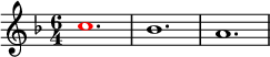 
\relative g'
{  
\time 6/4 
\key f \major
\override Voice.NoteHead.color = #(rgb-color 1 0 0)c1. \override Voice.NoteHead.color = #(rgb-color 0 0 0)bes1. a1.
} 
