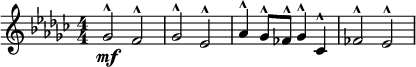 
 \relative c'' { \clef treble \numericTimeSignature \time 4/4 \key ees \minor
 ges2^^\mf f^^ | ges^^ ees^^ | aes4^^ ges8^^ fes^^ ges4^^ ces,^^ | fes2^^ ees^^ }
