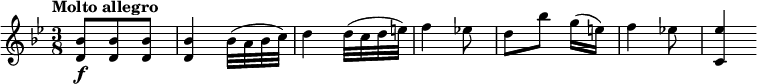 
\relative c'' {
  \version "2.18.2"
  \key bes \major
   \time 3/8
   \tempo "Molto allegro"
  \tempo 4 = 140
  <d, bes'>8 \f <d bes'> <d bes'>
   <d bes'>4 bes'32 (a bes c)
   d4 d32 (c d e)
   f4 ees!8
   d [ bes'] [g16 (e)]
   f4 ees!8
   <c, ees'>4
}
