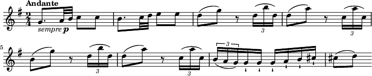 
\relative c' {
  \version "2.18.2"
  \key g \major
  \time 2/4
 \tempo  "Andante"
  \tempo 4 = 60
 g'8._\markup { \italic sempre \dynamic p } a32 b  c8 c
 b8.  c32 d  e8 e
 d (g) r8 \tuplet 3/2 { d16 (b' d,) }
 d8 (a') r8  \tuplet 3/2 { c,16 (a' c,) }
 b8 (g') r8 \tuplet 3/2 { d16 (b' d,) }
 d8 (a')  r8 \tuplet 3/2 { c,16 (a' c,) }
 \tuplet 3/2 { b (a g) } g-! g-!  g-! a-!  b-! cis-!
 cis8 (d)
}
