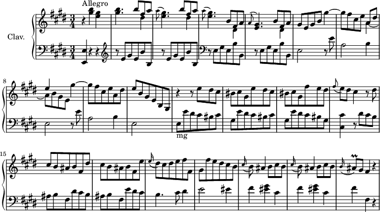 
\version "2.18.2"
\header {
  tagline = ##f
  % composer = "Domenico Scarlatti"
  % opus = "K. 216"
  % meter = "Allegro"
}

%% les petites notes
trillAisqAppo    = { \tag #'print { \appoggiatura b16 ais8\prall  } \tag #'midi { b32 ais b ais } }

upper = \relative c'' {
  \clef treble 
  \key e \major
  \time 3/4
  \tempo 4 = 144
  \set Staff.midiInstrument = #"harpsichord"
  \override TupletBracket.bracket-visibility = ##f

     s4*0^\markup{Allegro} r4 < gis' b >4 < e gis > | < gis b >4. \repeat unfold 2 { << { b8 fis a | \stemDown \appoggiatura a8 < e gis >4. } \\ { s8 dis4 } >> } | << { b8 fis a | \appoggiatura a8 < e gis >4. b'8 fis a } \\ { s8 dis,4 | s2 dis4 } >>  
     % ms. 6
     gis8 e gis b gis'4~ | gis8 fis cis e << { a,8 dis | e4 } \\ { a,4~ | a8[ b gis e] } >> gis'4~ | gis8 fis cis e a, dis |
     % ms. 10
     e8 b gis e b gis | r4 r8 e''8 dis cis | bis cis gis e' dis cis | bis cis gis fis' e dis | \appoggiatura fis8 e8 dis cis4 r8 dis8 |
     % ms. 15
     cis8 b ais b fis dis' | cis b ais b fis e' | \appoggiatura e16 dis8 cis dis e fis fis, | gis fis' e dis cis b | \repeat unfold 2 { \appoggiatura cis16 b8 ais4  b8 cis b } |
     % ms. 21
     \tempo 4 = 125 \trillAisqAppo  gis8 fis4 r4 |

}

lower = \relative c {
  \clef bass
  \key e \major
  \time 3/4
  \set Staff.midiInstrument = #"harpsichord"
  \override TupletBracket.bracket-visibility = ##f

    % **************************************
      < e, e' >4 r4 r4 | \clef treble \repeat unfold 2 { r8 e''8  gis e b' b, } | \clef bass \repeat unfold 2 { r8 e,8  gis e b' b, } |
      % ms. 6
      \repeat unfold 2 { e2 r8 e'8 | a,2 b4 } | 
      % ms. 10
      e,2 s4 | e8-\markup{mg} e' dis cis bis cis | gis e' dis cis bis cis | gis e' dis cis bis gis | < cis, cis' >4 r8 dis'8 cis b |
      % ms. 15
      ais8  b fis dis' cis b | ais b fis e' dis cis | b4. cis8 dis4 | e2 eis4 | \repeat unfold 2 { fis < eis gis >4 cis4 } |
      % ms. 21
      fis4 fis, r4 |

}

thePianoStaff = \new PianoStaff <<
    \set PianoStaff.instrumentName = #"Clav."
    \new Staff = "upper" \upper
    \new Staff = "lower" \lower
  >>

\score {
  \keepWithTag #'print \thePianoStaff
  \layout {
      #(layout-set-staff-size 17)
    \context {
      \Score
     \override SpacingSpanner.common-shortest-duration = #(ly:make-moment 1/2)
      \remove "Metronome_mark_engraver"
    }
  }
}

\score {
  \keepWithTag #'midi \thePianoStaff
  \midi { }
}
