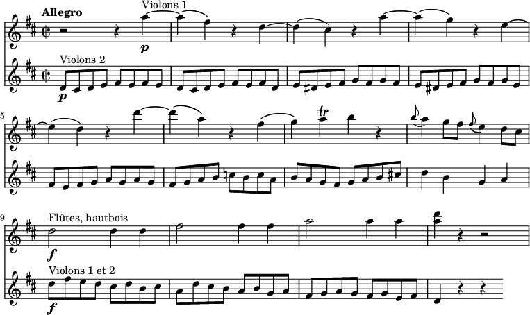 
<<
  \new Staff 
     \relative c'' { 
         \version "2.18.2"
         \clef "treble" 
         \tempo "Allegro" 
         \key d \major
         \time 2/2
         
              r2 r4 a'4\p ^\markup{Violons 1} ~
              a (fis) r4 d ~
              d (cis) r4 a' ~
              a (g) r4 e ~
              e (d) r4 d' ~
              d (a) r4 fis 
              (g) a\trill b r4
              \grace b8 (a4) g8 fis  \grace fis8 (e4) d8 cis
              d2\f^\markup{Flûtes, hautbois}  d4  d
               fis2 fis4 fis
              a2 a4 a
              <a d> r4 r2
}
\new Staff 
\relative c'' { 
         \clef "treble" 
         \tempo "Andante" 
         \key d \major
         \time 2/2
          d,8\p^\markup{Violons 2} cis d e fis e fis e
          d8 cis d e fis e fis d
          e dis e fis g fis g fis
          e dis e fis g fis g e
          fis e fis g a g a g
          fis g a b c b c a
          b a g fis g a b cis!
          d4 b g a
          d8\f^\markup{Violons 1 et 2} fis e d cis d b cis
          a d cis b a b g a
          fis g a g fis g e fis
          d4 r4 r4
 }
>>
