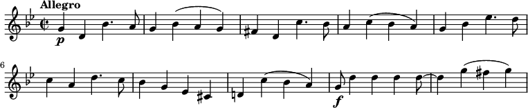 
\relative c'' {
     \key bes \major
     \set Score.tempoHideNote = ##t \tempo "Allegro" 4 = 240
     \time 2/2
    g4 \p d bes'4. a8
    g4 bes (a g)
    fis d c'4. bes8
    a4 c (bes a)
    g bes ees4. d8
    c4 a d4. c8
    bes4 g ees cis
    d! c' (bes a)
    g8\f d'4 d d d8~ d4 g (fis g)
  }
